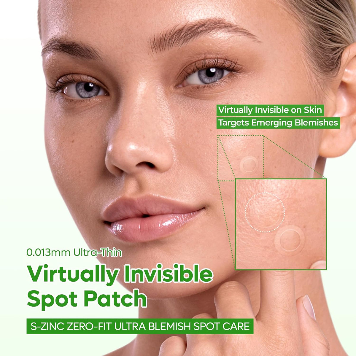 Clear 0.013 mm acne patches worn under makeup for everyday spot coverage